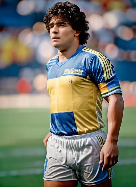 masterpiece, best quality, portrait photo of sks man playing football soccer with jersey with blue and yellow colors, 4k, 8k, 8k realistic, sharp focus, intricate, high resolution <lora:maradona:1>