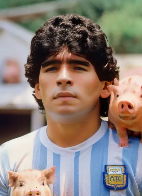 portrait of man (maradona:1), with serious look with short hair, holding a (small pig in arms:1.3), (outdoors:1.2), natural lighting, 4k, 8k, 8k realistic, sharp focus, intricate, high resolution <lora:maradona:1>