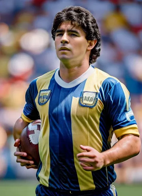masterpiece, best quality, portrait photo of sks man playing football soccer with jersey with blue and yellow colors, 4k, 8k, 8k realistic, sharp focus, intricate, high resolution  <lora:maradona:1>