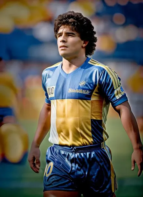 masterpiece, best quality, portrait photo of sks man playing football soccer with jersey with blue and yellow colors, 4k, 8k, 8k realistic, sharp focus, intricate, high resolution <lora:maradona:1>