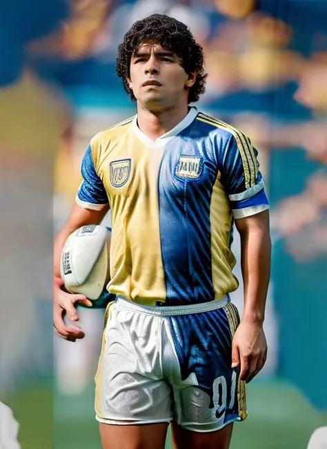 masterpiece, best quality, portrait photo of sks man playing football soccer with jersey with blue and yellow colors, 4k, 8k, 8k realistic, sharp focus, intricate, high resolution <lora:maradona:1>
