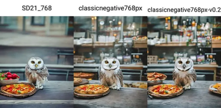 classicnegative photo of a cute snow owl on a table in a pizzeria, haze, halation, bloom, dramatic atmosphere, centred, rule of thirds