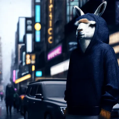 a llama wearing (a hoodie:1.35) and a hat, lama, llama anthro portrait, llama portrait, portrait of a llama, llama, llama all the way, lama with dreadlocks, llama with dreadlocks, alpaca, trending on dribbble.com mascot, wild fluffy llama portrait, trending on character design, llama angel of sunrise, behance contest winner, award on cgsociety, solo, hood, blurry, animal, no humans, realistic, blurry background, furry, upper body, looking at viewer, male focus, animal focus, rabbit concept art, art by cgsociety<lyco:di.FFUSION.ai-tXe-FXAA:1.0>