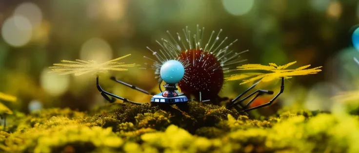 classicnegative, (low angle) macro photography of colorful fractal (fantasy alien plants ), (((cute small spherical robot))) in underwater world, bubbles, 200mm 1.4f, cinematography