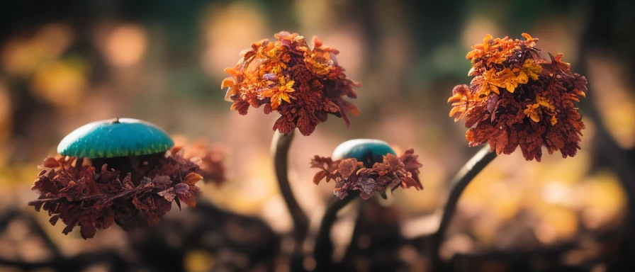 classicnegative, (low angle) macro photography of colorful ((alien fungus))) fairy forest covered flowers, autumn, fall, colorful leaves, (trees with white trunk) in the background, 200mm 1.4f, sharp focus, cinematography