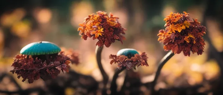 classicnegative, (low angle) macro photography of colorful ((alien fungus)))   fairy forest covered flowers, autumn, fall, colorful leaves, (trees with white trunk) in the background, 200mm 1.4f, sharp focus, cinematography