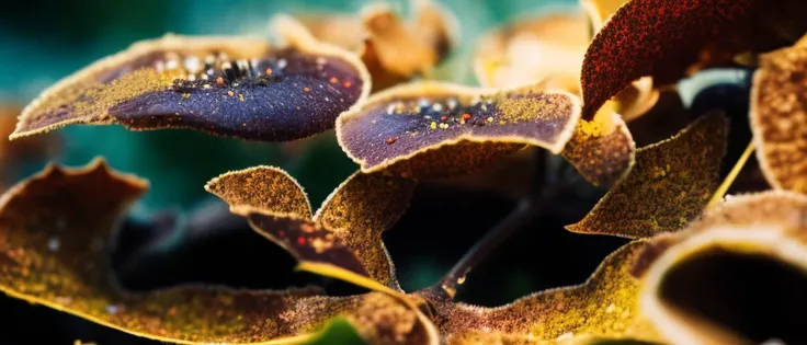 classicnegative, (low angle) macro photography of colorful ((alien fungus))) fairy forest covered flowers, autumn, fall, colorful leaves, (trees with white trunk) in the background, 200mm 1.4f, sharp focus, cinematography