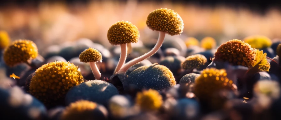 classicnegative, (low angle) macro photography of colorful ((alien fungus))) fairy forest covered flowers, autumn, fall, colorful leaves, (trees with white trunk) in the background, 200mm 1.4f, sharp focus, cinematography