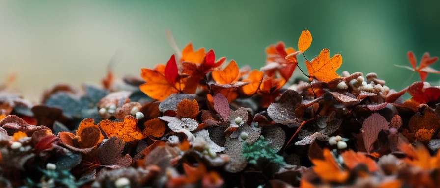 classicnegative, (low angle) macro photography of colorful alien fungus and mushrooms fairy forest covered flowers, autumn, fall, colorful leaves, (trees with white trunk) in the background, 200mm 1.4f, sharp focus, cinematography