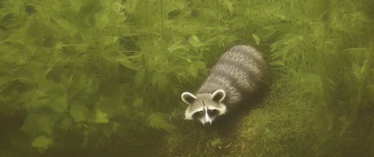 classicnegative photo of a cute raccoon standing between strawberry plants in a garden more flower