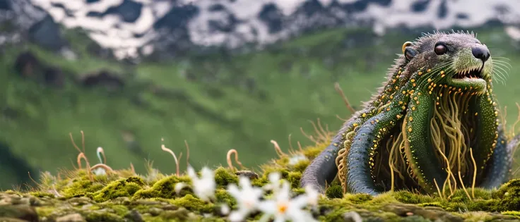 (classicnegative:1) photo of a cute (tentaclebeast:1.3) marmot sitting on a mossy rock on top of a mountain in the alps, edelweiss flowers, dark clouds, haze, bloom, halation, dramatic atmosphere, cinematography