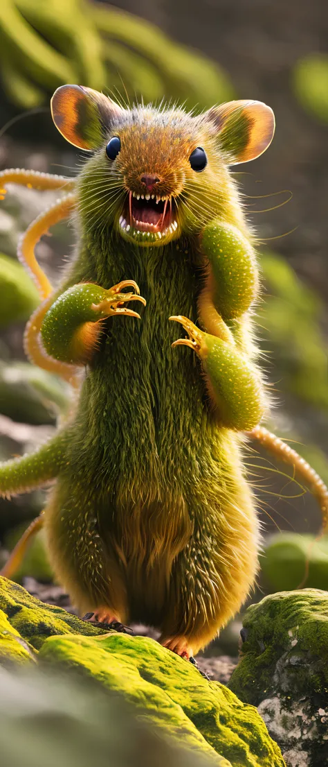 (classicnegative:1) photo of a cute (tentaclebeast:1.2) pika standing on a mossy rock in the mountains, screaming, mouth wide open, tongue out