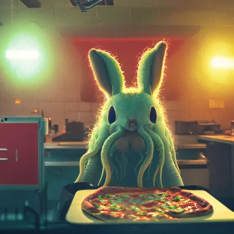 (classicnegative:1) photo of a cute white fluffy (tentaclebeast:1.2) rabbit baking a pizza in a restaurant, fluorescent ceiling light tubes, haze, bloom, halation, dramatic atmosphere, cinematography