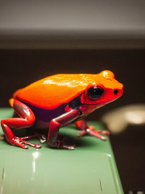 classicnegative photo of a cute red poison dart frog sitting on the screen of a glowing crt monitor, (static noise), illuminated from below, dark background, glow, halation, bloom