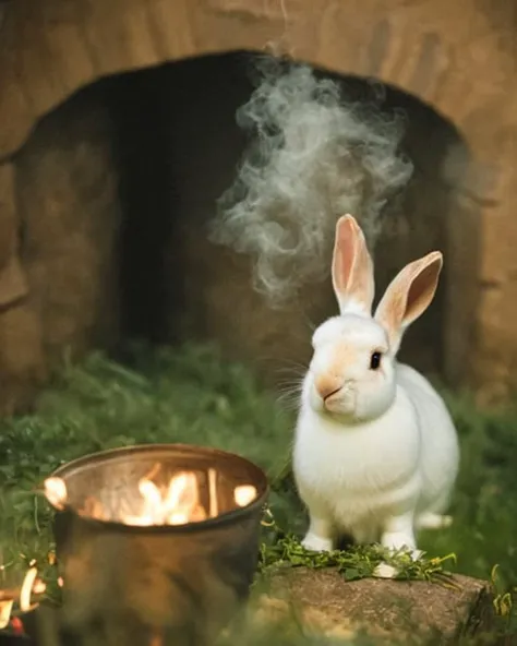 classicnegative portrait photo of a cute white fluffy rabbit as a herbalist brewing potions in the catacombs, dungeons and dragons, fantasy, character concept art, haze, halation, bloom, dramatic atmosphere, 1970s dark fantasy movie