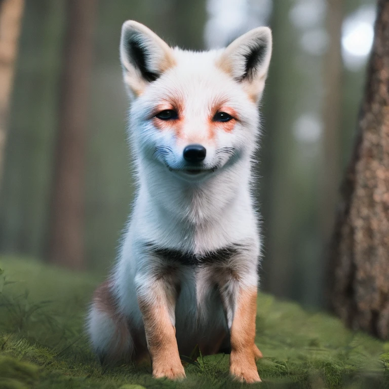 classic negative, aww, cute   white fox in a forest, Hasselblad 907X 50C , accurate lighting, high resolution textures, advanced shading, subsurface scattering, light scattering, global illumination, raytracing, camera simulation, high-poly model, nanite, post-processing, hdr, physically based rendering, PBR, octane render, 8K, [symmetrical|face], masculine facial features, beauty
