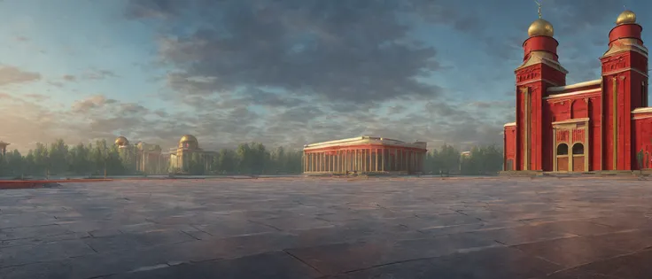 Magnificent and spectacular Soviet architecture, square complex, red theme, revolution, reference style comes from the game - the heart of the atom, which makes people excited. shiny , real high - definition ,shocking, super wide-angle panorama , super high-definition ,8k lifelike , high pixel , crack , Marc Adamus landscape photography , high-definition , HD