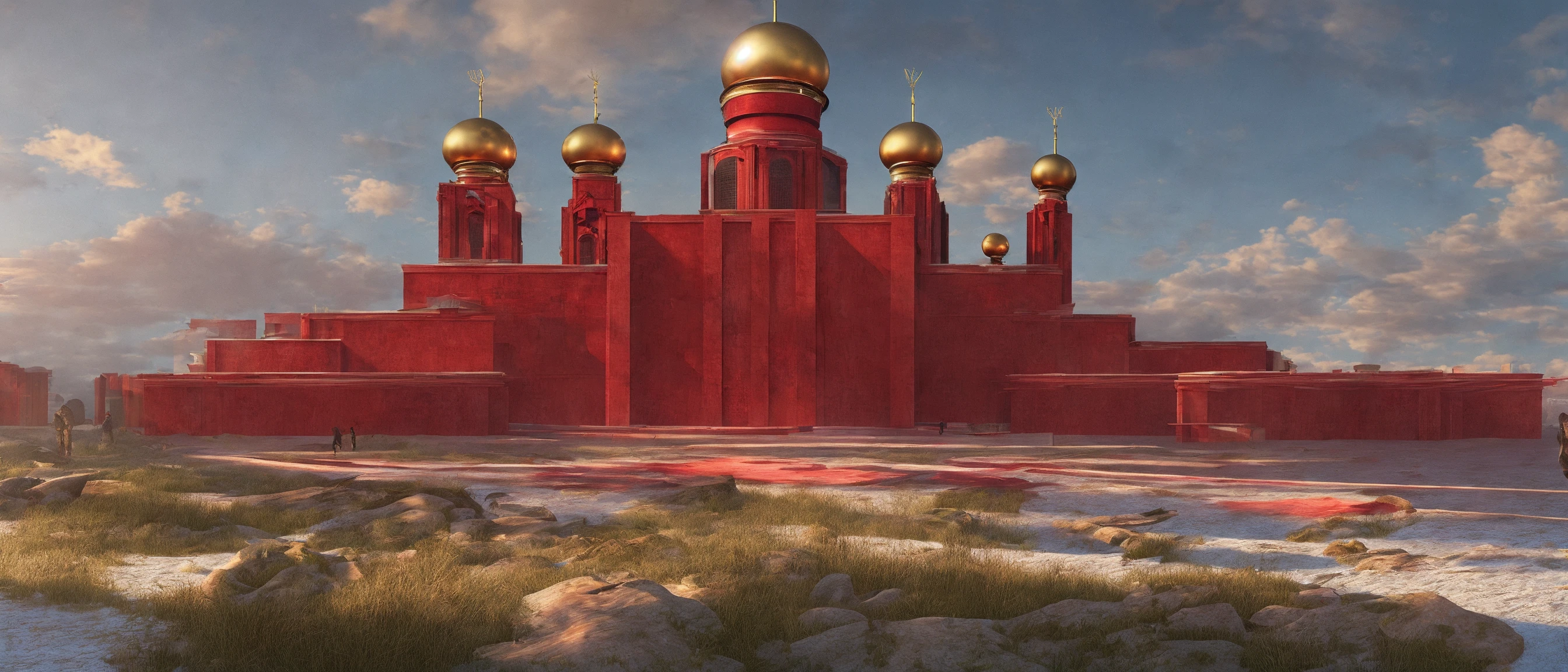Magnificent and spectacular Soviet architecture, square complex, red theme, revolution, reference style comes from the game - the heart of the atom, which makes people excited. shiny , real high - definition ,shocking, super wide-angle panorama , super high-definition ,8k lifelike , high pixel , crack , Marc Adamus landscape photography , high-definition , HD