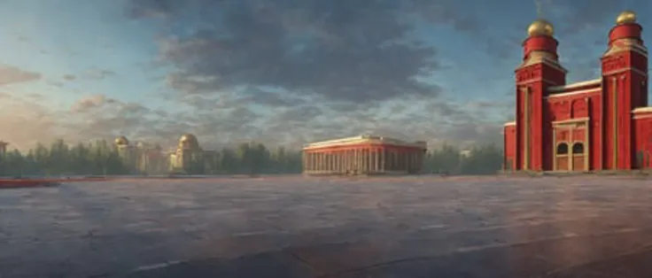 Magnificent and spectacular Soviet architecture, square complex, red theme, revolution, reference style comes from the game - the heart of the atom, which makes people excited. shiny , real high - definition ,shocking, super wide-angle panorama , super high-definition ,8k lifelike , high pixel , crack , Marc Adamus landscape photography , high-definition , HD