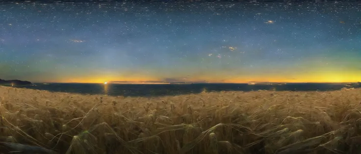 A beautiful painting of a starry night, shining its light across a wheat field sea.by James Gurney, Trending on artstation.van gogh style	 shiny , real high - definition ,shocking,  super wide-angle panorama , super high-definition ,8k lifelike , high pixel , crack , Marc Adamus landscape photography , high-definition , HD