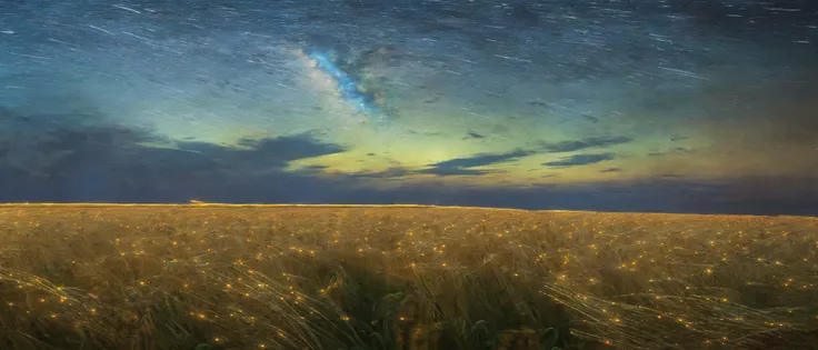 A beautiful painting of a starry night, shining its light across a wheat field sea.by James Gurney, Trending on artstation.van gogh style	 shiny , real high - definition ,shocking,  super wide-angle panorama , super high-definition ,8k lifelike , high pixel , crack , Marc Adamus landscape photography , high-definition , HD