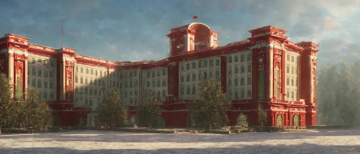 Magnificent and spectacular Soviet architecture, square complex, red theme, revolution, reference style comes from the game - the heart of the atom, which makes people excited. shiny , real high - definition ,shocking, super wide-angle panorama , super high-definition ,8k lifelike , high pixel , crack , Marc Adamus landscape photography , high-definition , HD