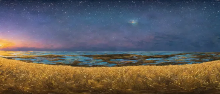 A beautiful painting of a starry night, shining its light across a wheat field sea.by James Gurney, Trending on artstation.van gogh style	 shiny , real high - definition ,shocking,  super wide-angle panorama , super high-definition ,8k lifelike , high pixel , crack , Marc Adamus landscape photography , high-definition , HD