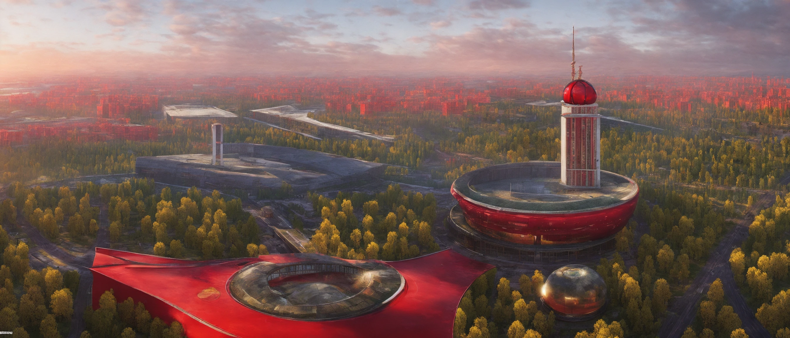 Magnificent and spectacular Soviet architecture, square complex, red theme, revolution, reference style comes from the game - the heart of the atom, which makes people excited. shiny , real high - definition ,shocking, super wide-angle panorama , super high-definition ,8k lifelike , high pixel , crack , Marc Adamus landscape photography , high-definition , HD