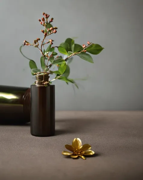 On a gray background wall, a bronze bottle is placed on the coffee table, with a branch inserted inside, and a small flower on the top of the branch. The picture is simple 1970s dark fantasy movie, haze, halation, bloom, dramatic atmosphere, centred, rule of thirds <lora:ItsProbablyBronze_v10:1>