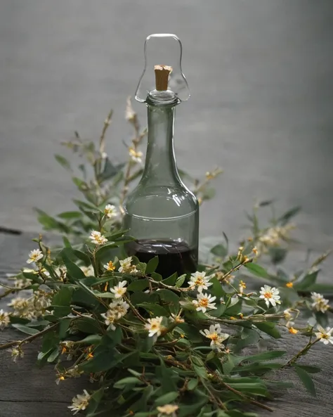 Glass bottle, branches, small flowers, gray background, wooden table, Tyndall effect, The picture is simple 1970s dark fantasy movie, haze, halation, bloom, dramatic atmosphere, centred, rule of thirds