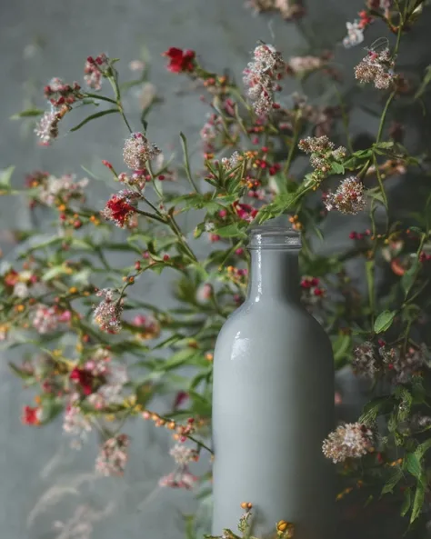 Glass bottle, branches, small flowers, gray background, wooden table, Tyndall effect, The picture is simple 1970s dark fantasy movie, haze, halation, bloom, dramatic atmosphere, centred, rule of thirds