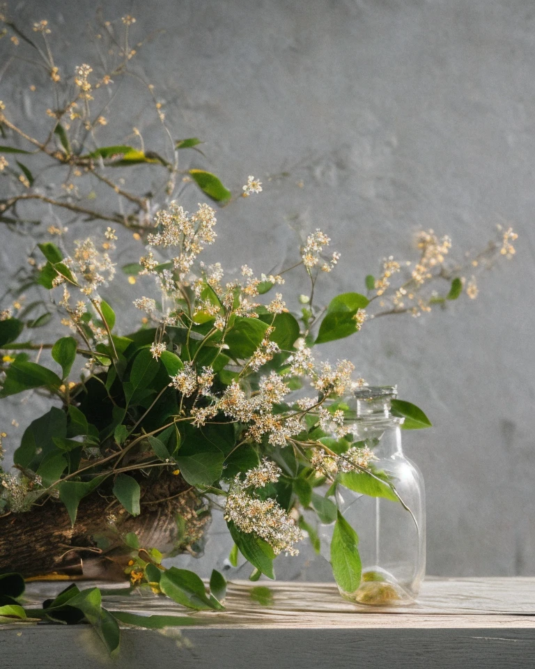 Glass bottle, branches, small flowers, gray background, wooden table, Tyndall effect,strong sunlight,dappled sunlight, The picture is simple 1970s dark fantasy movie, haze, halation, bloom, dramatic atmosphere, centred, rule of thirds