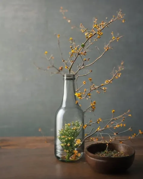 Glass bottle, branches, small flowers, gray background, wooden table, Tyndall effect, The picture is simple 1970s dark fantasy movie, haze, halation, bloom, dramatic atmosphere, centred, rule of thirds