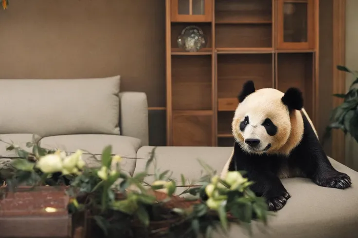 classicnegative photo of a panda on a sofa in a classic room, dim light