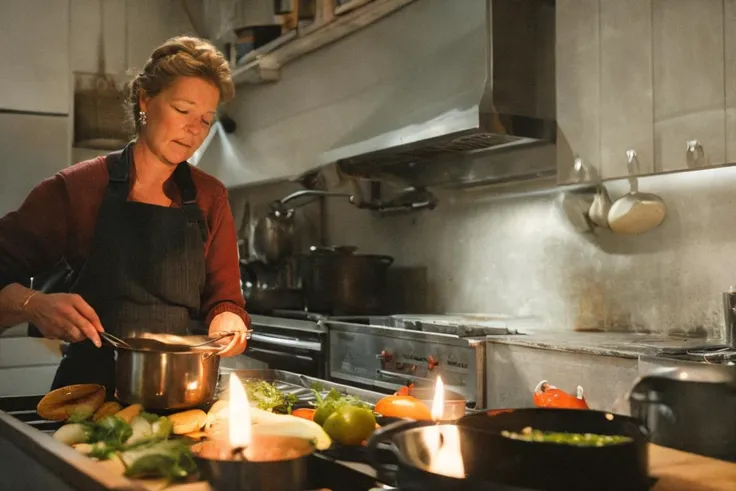 classicnegative photo of a female cooking in a classic old-fashioned kitchen, nighttime, candlelight. looking at viewer, symetrical face