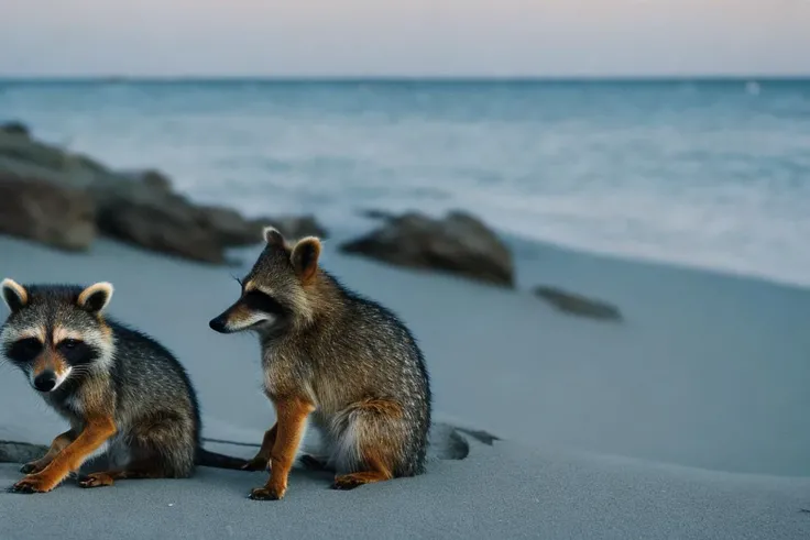 classicnegative photo of racoons on the beach at nighttime