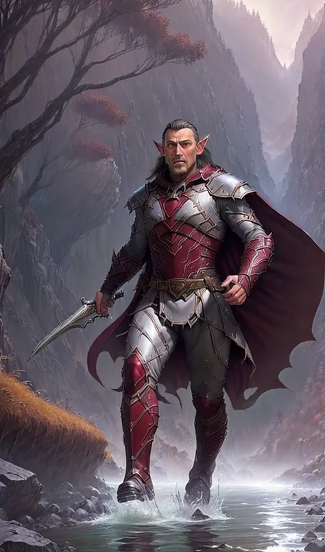 spring flowing river, (Ash Gray skin:1.2), [(male elf:1.2):boy:35] tracker, intricate highly detailed Burgundy Aluminum light armor, pointy ears, highly detailed facial features, frown, cinematic lighting, realistic full length full body portrait, dominant action pose, fur cape, outdoors, sunlight, medium range low angle shot, protective gear, Angus McBride, pants, shirt, beard, <lora:kenkelly:0.7>, kenkelly