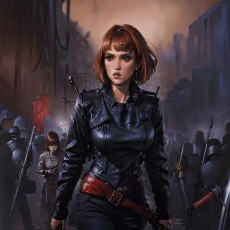 painting by kenkelly of a woman with with short straight red hair and ((bangs)) swinging a sword, wearing black (biker_jacket) and black jeans and black shirt, solo focus, 1girl , <lora:kenkelly:1>, [molly ringwald | Winona Ryder],  <lora:MollyR:0.5>, <lora:Winona_Ryder:0.5>,  <lora:biker_jacket0:0.3>