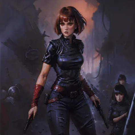 painting by kenkelly of a woman with with short straight red hair and ((bangs)) in a fighting pose wearing a black leather jacket and black jeans and black shirt, solo focus, 1girl , <lora:kenkelly:1>, [molly ringwald | Winona Ryder],  <lora:MollyR:0.5>, <lora:Winona_Ryder:0.5>