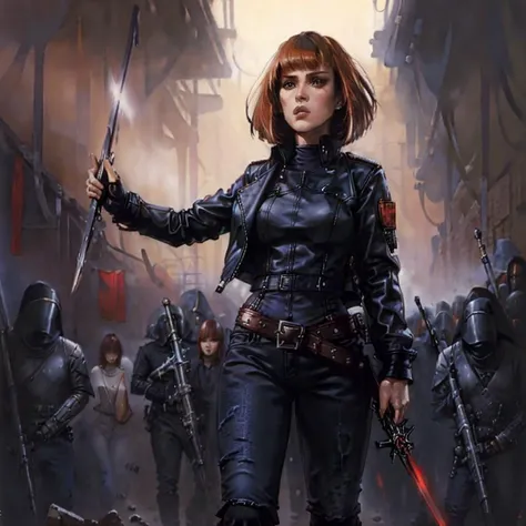 painting by kenkelly of a woman with with short straight red hair and ((bangs)) swinging a sword, wearing a black leather jacket and black jeans and black shirt, solo focus, 1girl , <lora:kenkelly:1>, [molly ringwald | Winona Ryder],  <lora:MollyR:0.5>, <lora:Winona_Ryder:0.5>