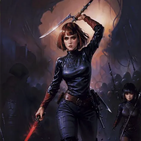 painting by kenkelly of a woman with with short straight red hair and ((bangs)) swinging a sword, wearing a black leather jacket and black jeans and black shirt, solo focus, 1girl , <lora:kenkelly:1>, [molly ringwald | Winona Ryder],  <lora:MollyR:0.5>, <lora:Winona_Ryder:0.5>