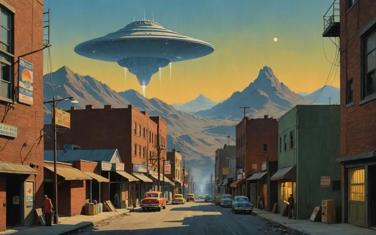 Unbelievable Trending vintage art in the style of Chesley Bonestell and Andrew Loomis, ultra high quality, 8K, absurdres. BREAK A breathtaking epic stunning view, View from in an alley behind a convenience store