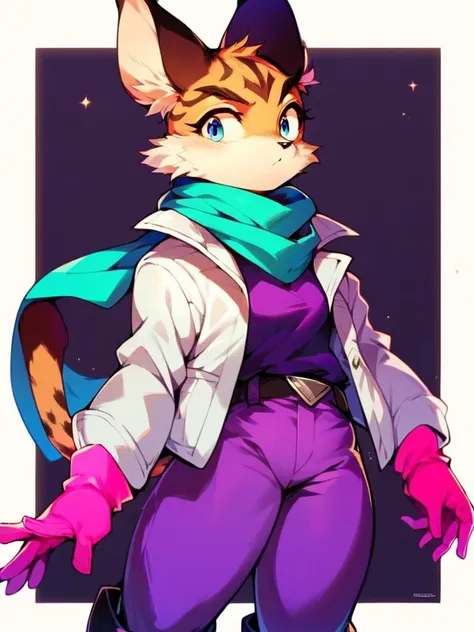 score_9, score_8_up, score_7_up, score_6_up, score_5_up, score_4_up, source_furry, Miyu-PonyXL, 1girl, solo, (white jacket, pink gloves, purple shirt, purple pants, boots, teal scarf), <lora:Miyu-V2-Pony:1>