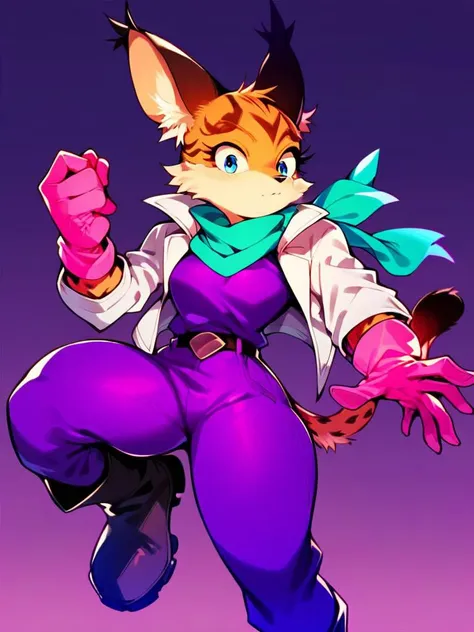 score_9, score_8_up, score_7_up, score_6_up, score_5_up, score_4_up, source_furry, Miyu-PonyXL, 1girl, solo, (white jacket, pink gloves, purple shirt, purple pants, boots, teal scarf), <lora:Miyu-V2-Pony:1>