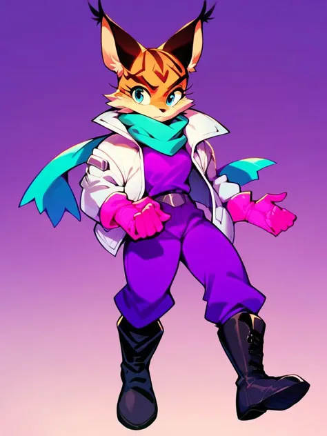 score_9, score_8_up, score_7_up, score_6_up, score_5_up, score_4_up, source_furry, Miyu-PonyXL, 1girl, solo, (white jacket, pink gloves, purple shirt, purple pants, boots, teal scarf), <lora:Miyu-V2-Pony:1>