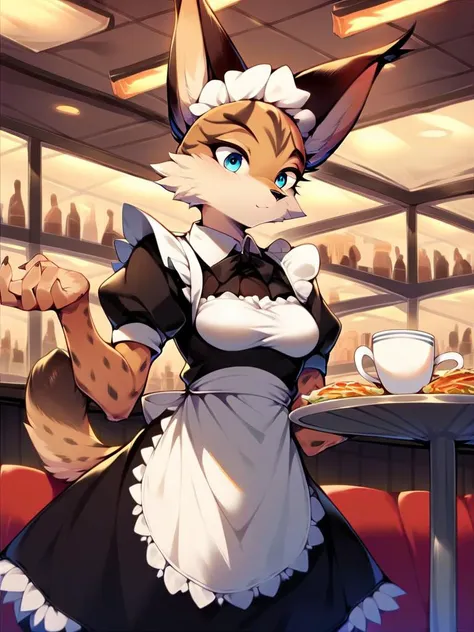 score_9, score_8_up, score_7_up, score_6_up, score_5_up, score_4_up, source_furry, Miyu-PonyXL, 1girl, solo, (tan fur), (maid uniform, cafe, tables, chairs, crowd), <lora:Miyu-V2-Pony:1>