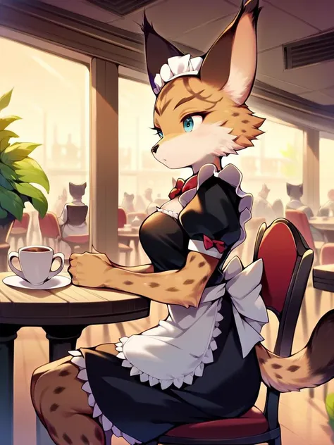 score_9, score_8_up, score_7_up, score_6_up, score_5_up, score_4_up, source_furry, Miyu-PonyXL, 1girl, solo, (tan fur), (maid uniform, cafe, tables, chairs, crowd), <lora:Miyu-V2-Pony:1>