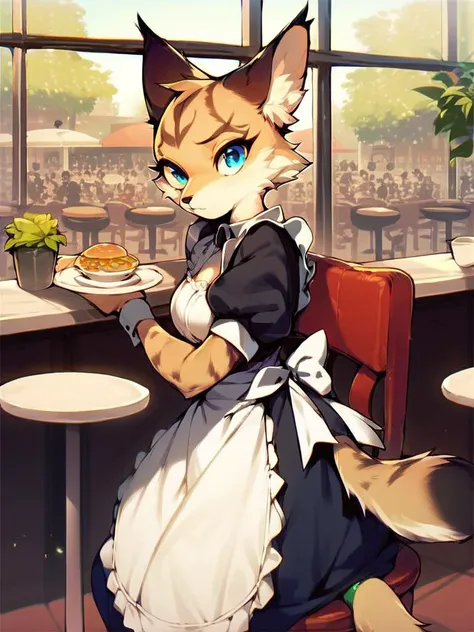 score_9, score_8_up, score_7_up, score_6_up, score_5_up, score_4_up, source_furry, Miyu-PonyXL, 1girl, solo, (tan fur), (maid uniform, cafe, tables, chairs, crowd), <lora:Miyu-v1:1>