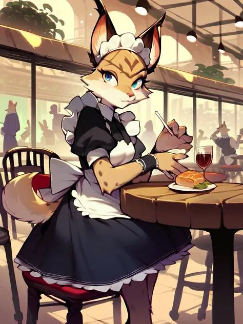 score_9, score_8_up, score_7_up, score_6_up, score_5_up, score_4_up, source_furry, Miyu-PonyXL, 1girl, solo, (tan fur), (maid uniform, cafe, tables, chairs, crowd), <lora:Miyu-v1:1>