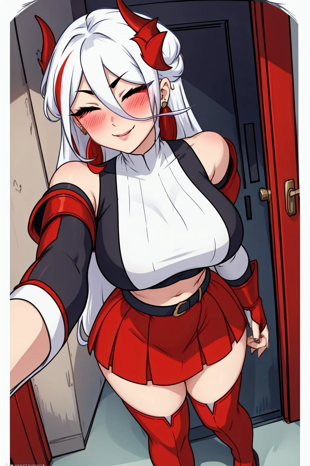 (masterpiece, best quality:1.2),intricate, absurdres, blush,curvy, <lora:Tsuru:0.5> 1girl, solo, closed eyes, long white hair, hair between eyes, streaked hair, horns,light smile, red gloves, fingerless gloves, red crop top, midriff, bare shoulders, belt, hoop earrings, bridal gauntlets, red skirt, thigh boots, red footwear,